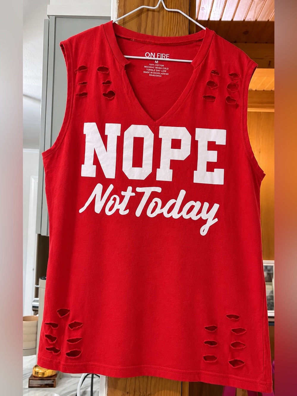 Red Graphic Tank Top with White Lettering.